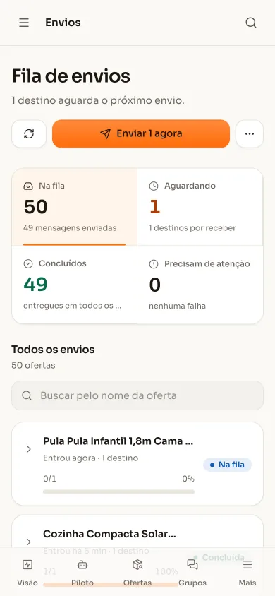 Fila de envios do ClickSpy aberta no celular, com os contadores e o botão de enviar.