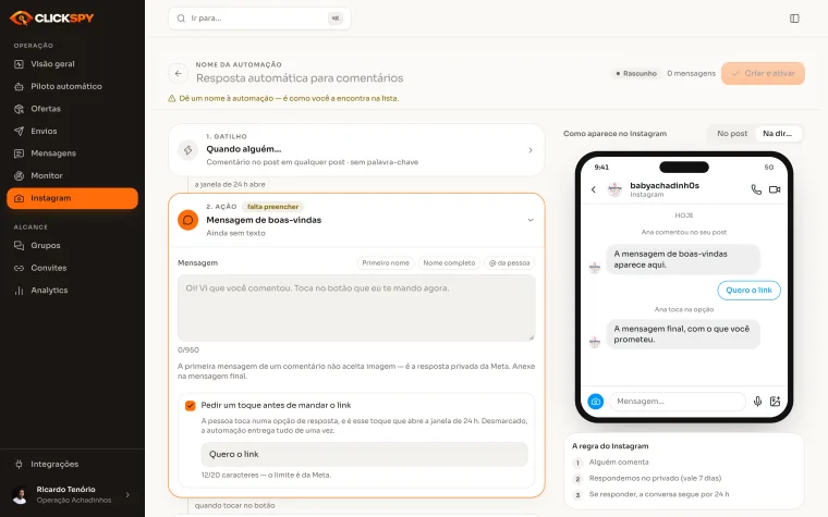 Construtor da automação de Instagram do ClickSpy: comentário que dispara, resposta pública e mensagem no direct.