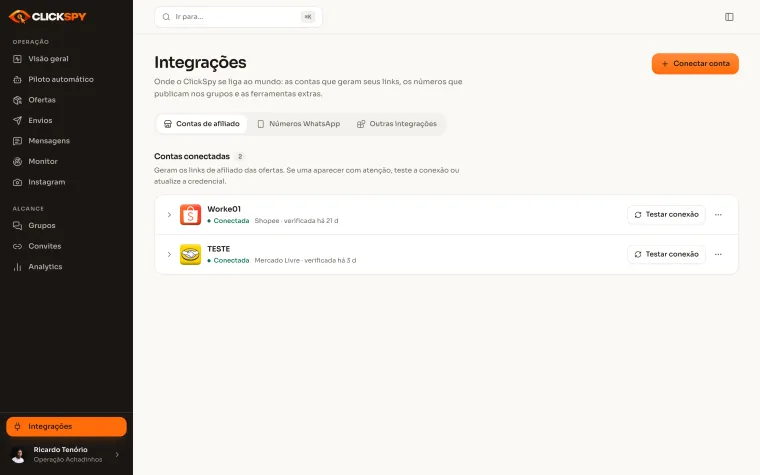 Tela Integrações do ClickSpy: Shopee e Mercado Livre conectados, e as demais plataformas marcadas como em breve.