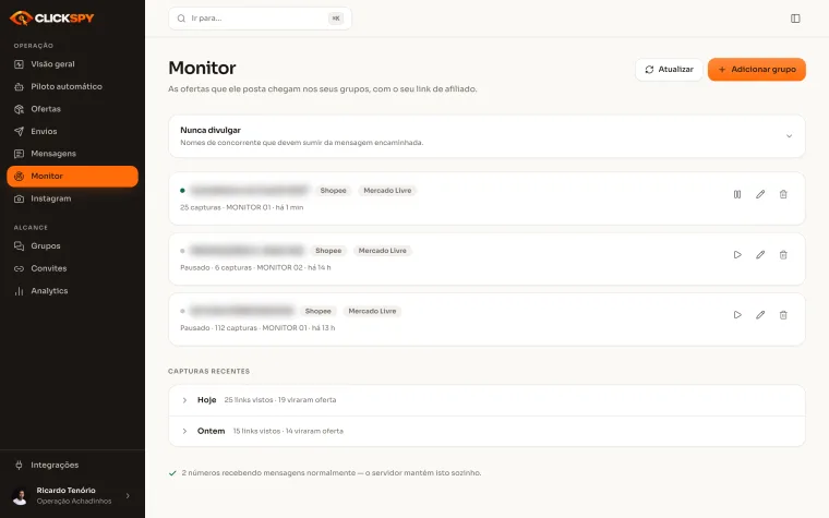 Tela Monitor do ClickSpy: grupos de concorrentes acompanhados, com os nomes desfocados, e as ofertas identificadas.
