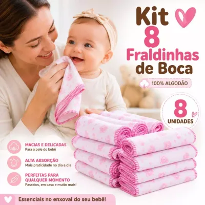 Foto do anúncio de um kit de oito fraldinhas de boca de algodão, uma oferta real publicada nos nossos grupos.